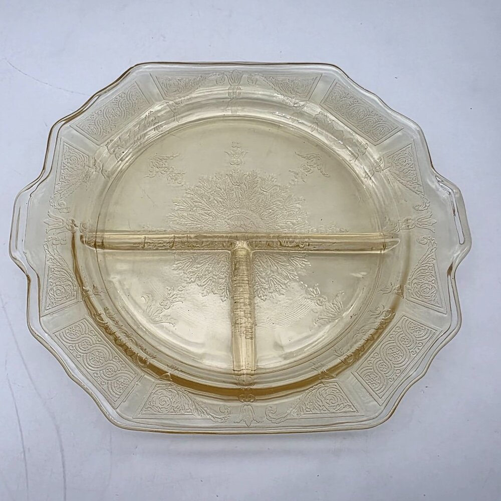 Vintage Depression Glass Divided Serving Plate Dish Slight UV Glow Set of 2
